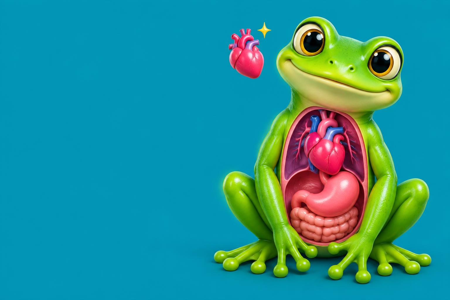 Glossy green frog with a cartoon cut-away belly showing a pink heart